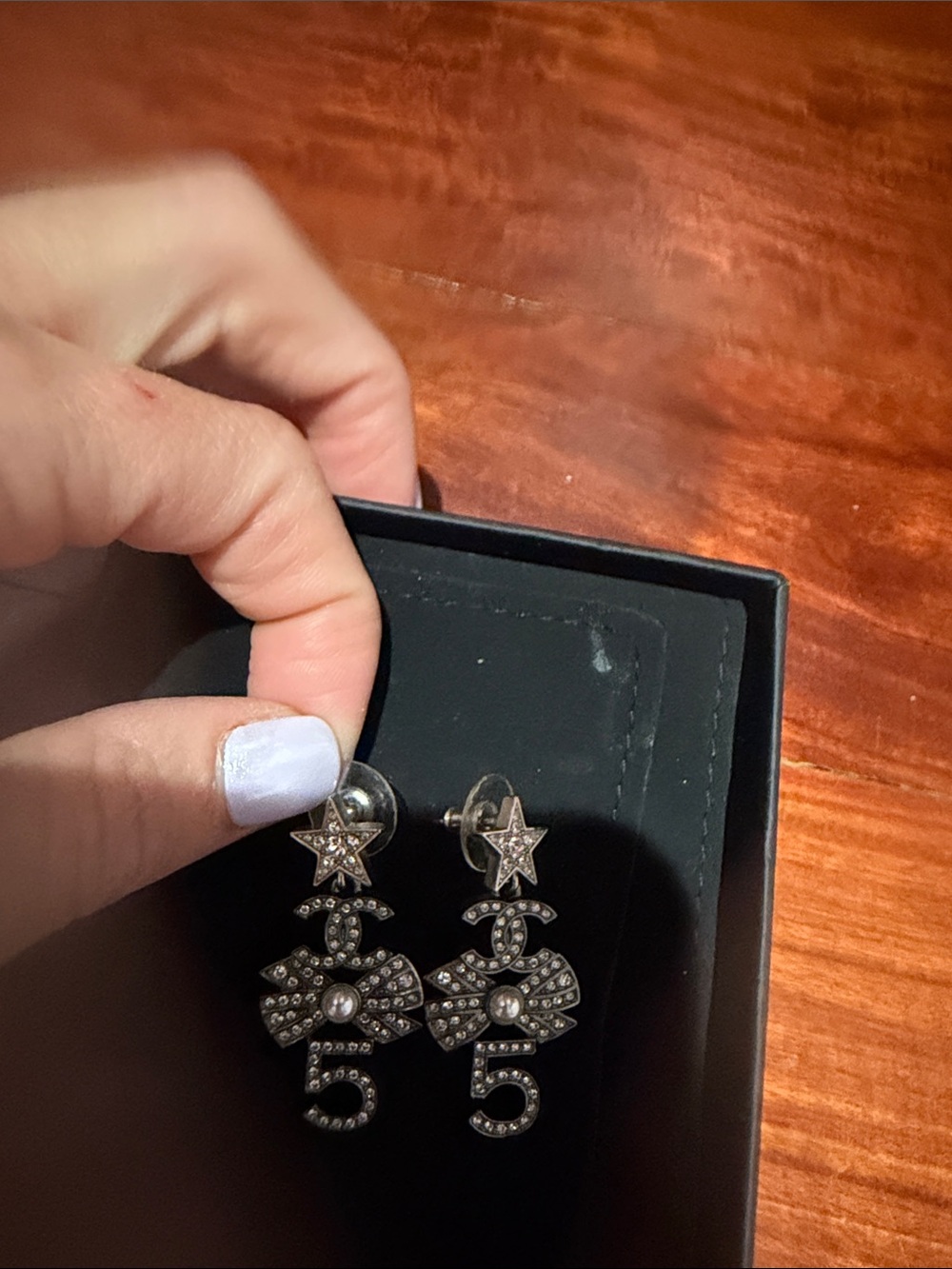 CHANEL Black Crystal Drop Earrings with Star, Bow & '5'